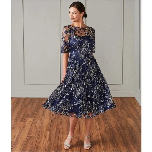 NWOT Eliza J Sequin Floral Embroidery Navy Fit & Flare Cocktail Midi Dress  sz 12 - www.threedaughtersproperties.com